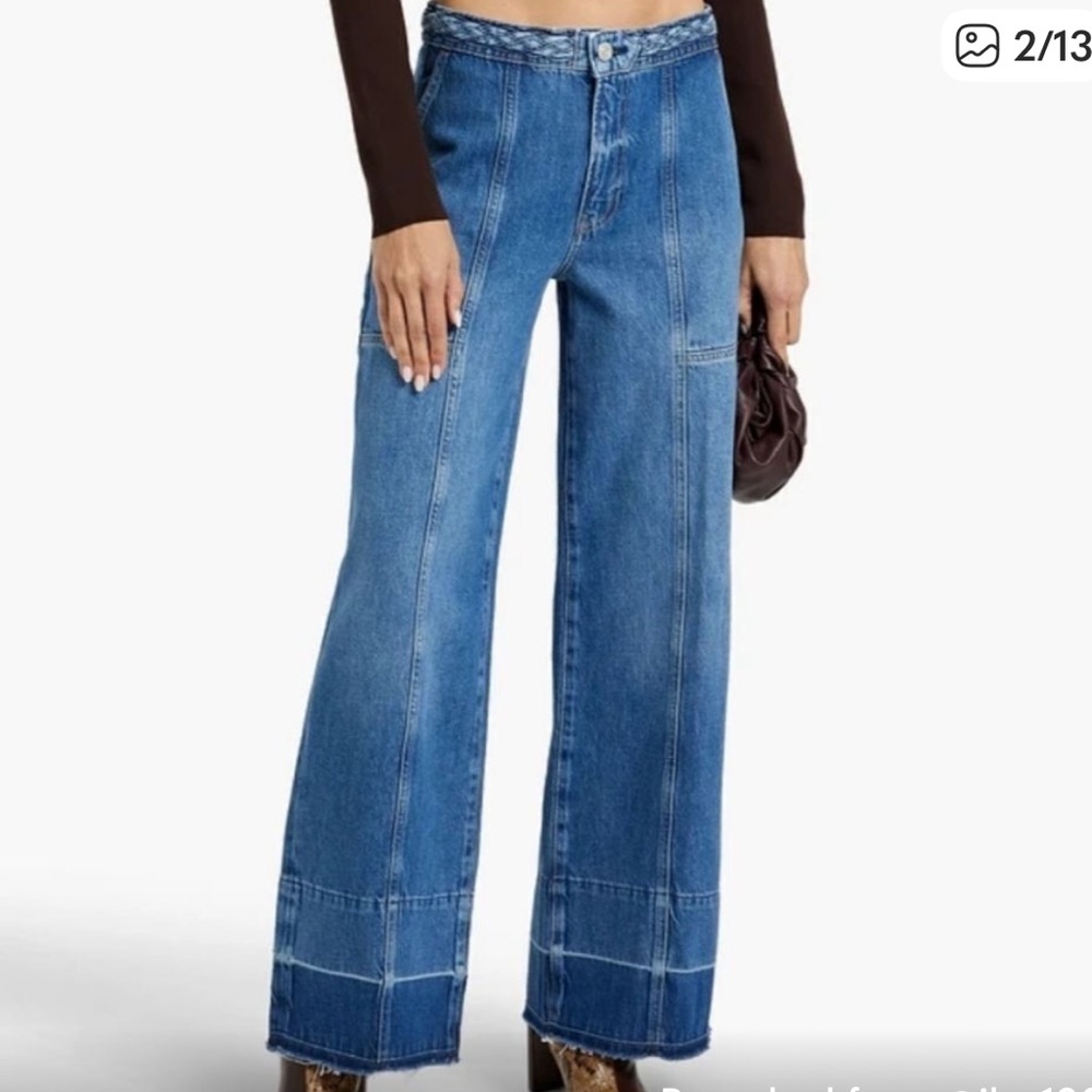 FRAME Women’s 29 Wide Leg Jeans Braided Waistband Frayed Hem Blue Designer Denim